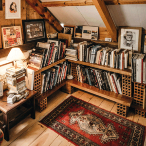 bibliothèque sous pente en bois foncé esprit chalet