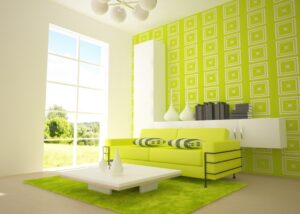 Idee deco salon vert avec meuble sur mesure