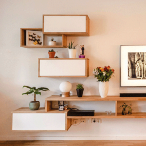 bibliothèque scandinave bois et blanc effet destructuré