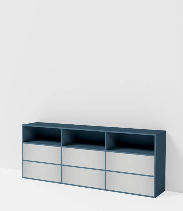 meuble bas sur mesure métal gris et bleu design