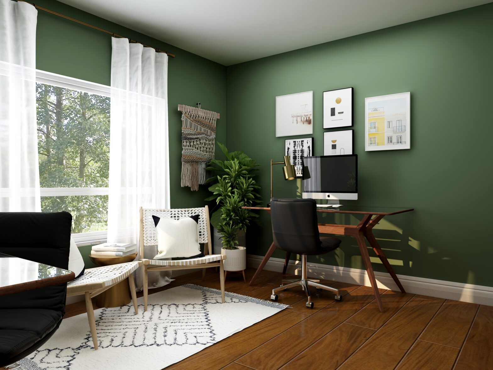 espace de télétravail bureau en bois mur vert de couleur