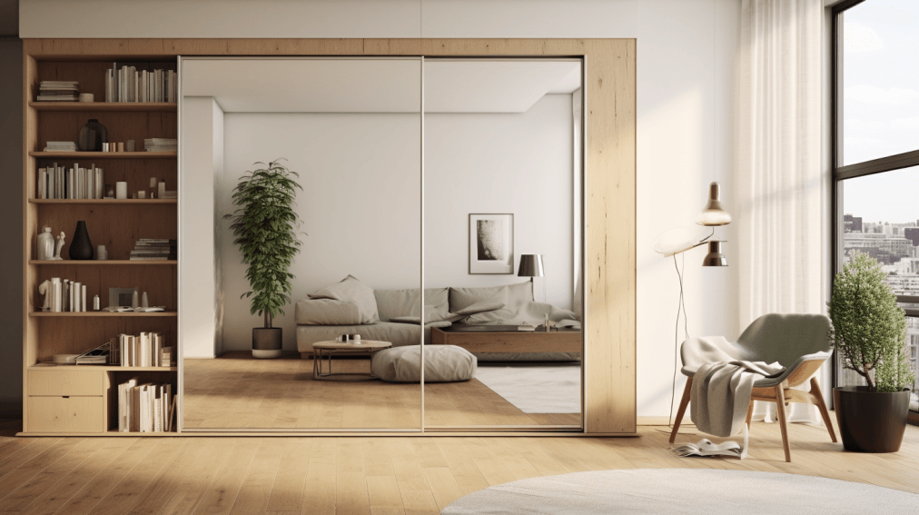 porte de placard coulissante en bois et miroir intérieur scandinave