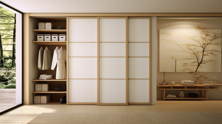 porte de placard coulissante bois et blanc univers japandi