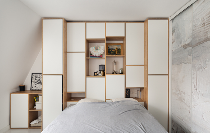 meuble tête de lit chambre design blanc et bois