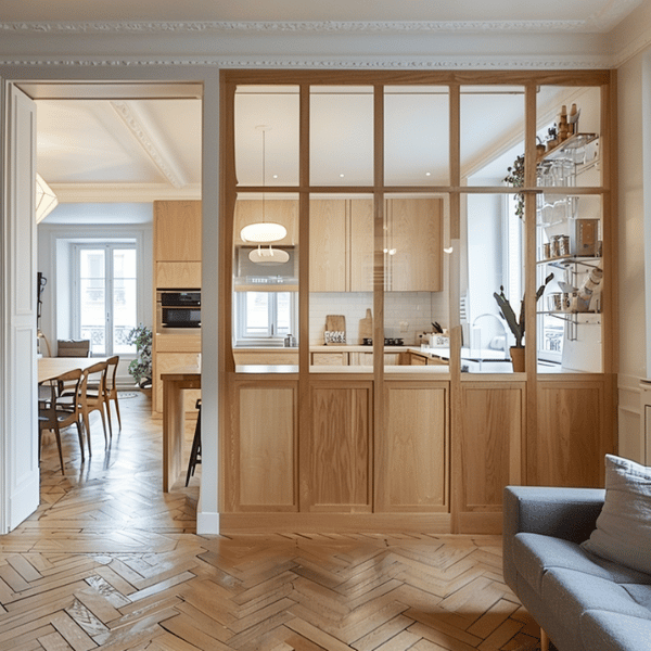 verrière en bois clair cuisine moderne appartement